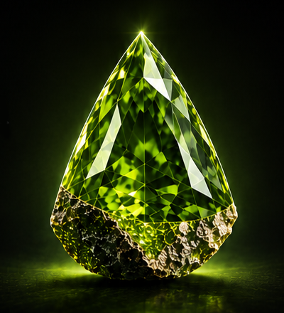 Peridot gemstone transitioning from rough stone to polished crystal